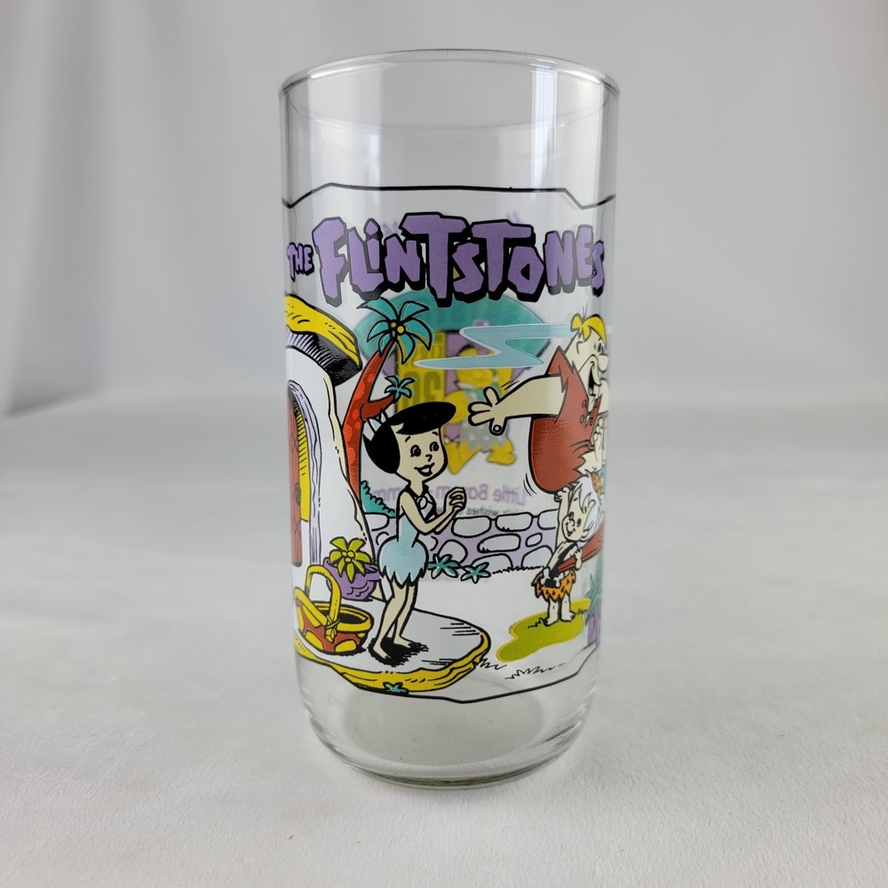 Vintage 1991 THE‎ FLINTSTONES GLASS Drinking Cup Hardees 30th Little Bam Bam